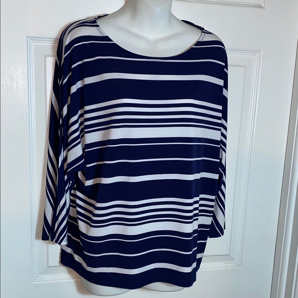 Chico's Easy Wear Navy White Nautical Striped Long Sleeve Top